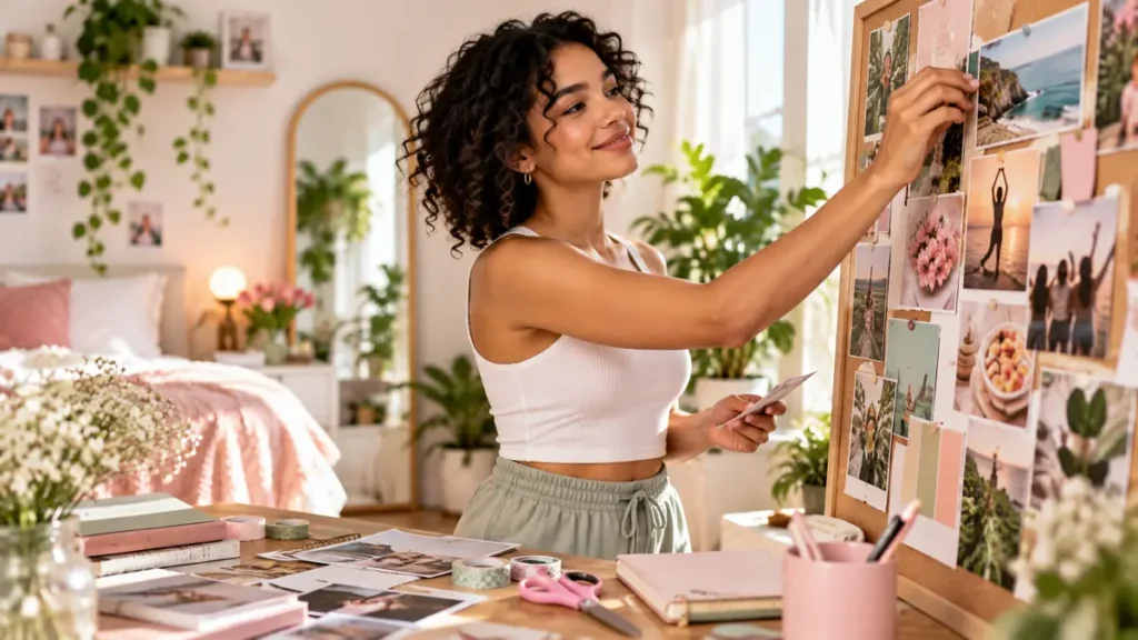 Mujer creando un tablero de inspiración con fotografías y metas personales para comenzar su Glow Up.