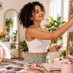 Mujer creando un tablero de inspiración con fotografías y metas personales para comenzar su Glow Up.