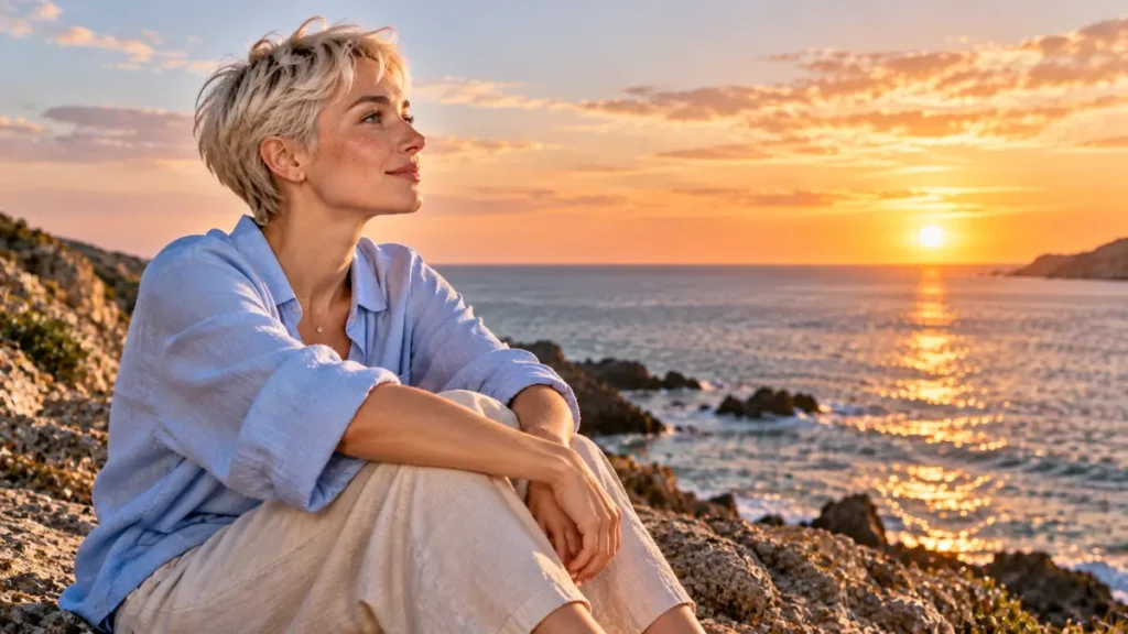 Mujer de cabello rubio corto contemplando el atardecer frente al mar, representando el Glow Up emocional y el bienestar personal.