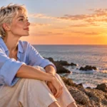 Mujer de cabello rubio corto contemplando el atardecer frente al mar, representando el Glow Up emocional y el bienestar personal.