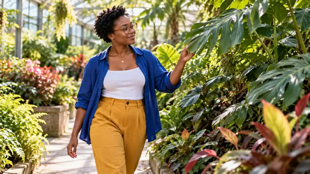 Mujer de cabello afro corto y gafas disfrutando de un paseo por un jardín botánico, representando el Glow Up personal y el crecimiento personal.