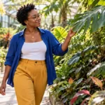 Mujer de cabello afro corto y gafas disfrutando de un paseo por un jardín botánico, representando el Glow Up personal y el crecimiento personal.