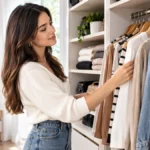 Mujer eligiendo prendas básicas de vestir en un armario organizado con ropa versátil y de diferentes estilos.