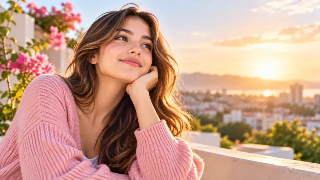 Mujer disfrutando de un momento de tranquilidad al atardecer, representando el Glow Up y el bienestar personal.
