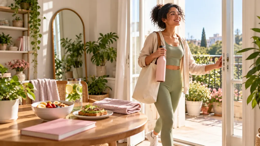 Mujer comenzando su rutina de Glow Up con hábitos de autocuidado, alimentación saludable y actividad física durante la mañana.