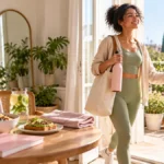 Mujer comenzando su rutina de Glow Up con hábitos de autocuidado, alimentación saludable y actividad física durante la mañana.