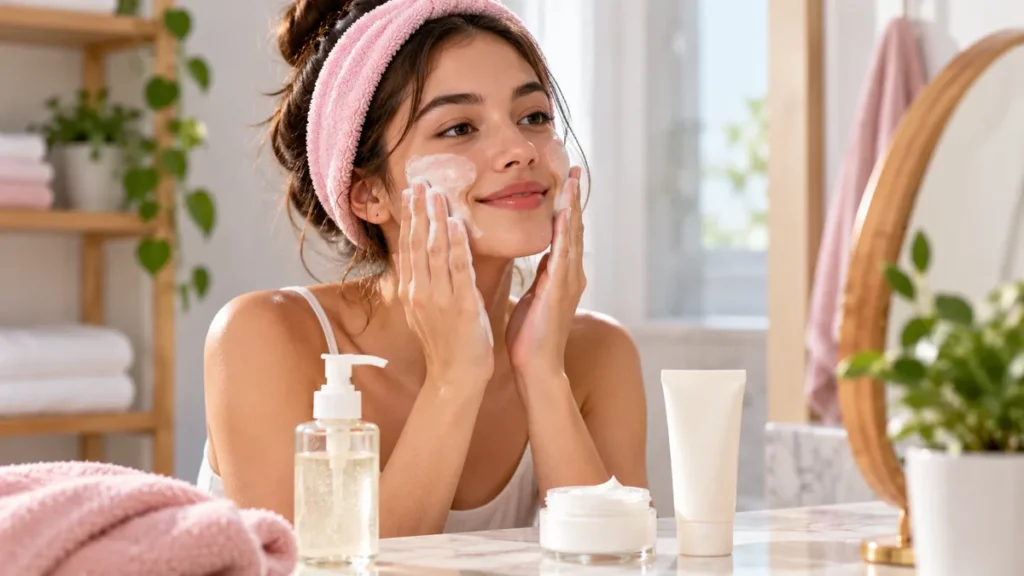 Mujer realizando una rutina de skincare básica y económica mientras limpia suavemente su rostro.