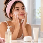 Mujer realizando una rutina de skincare básica y económica mientras limpia suavemente su rostro.